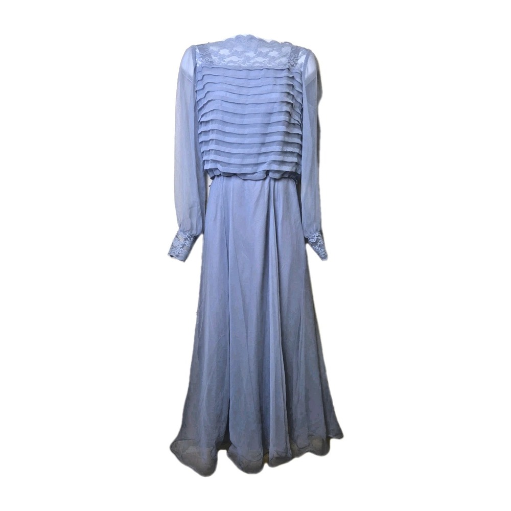 Vtg Miss Elliette California 1970s Blue Chiffon Lace Evening‎ Gown Dress Sz S/M